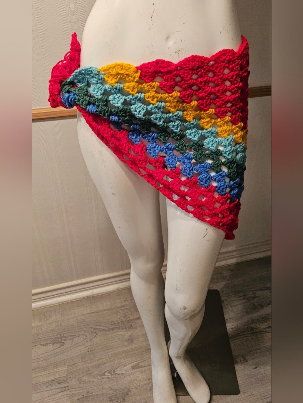 NEW Handmade Crochet Colorful Sarong Pareo Swimsuit Cover-up Mini Skirt S/M